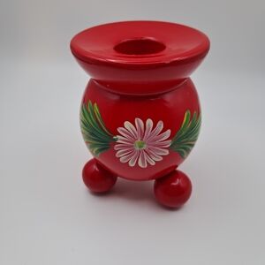 Vintage Swedish Hand Painted Red Wood Candle Holder Taper Footed Floral Folk Art